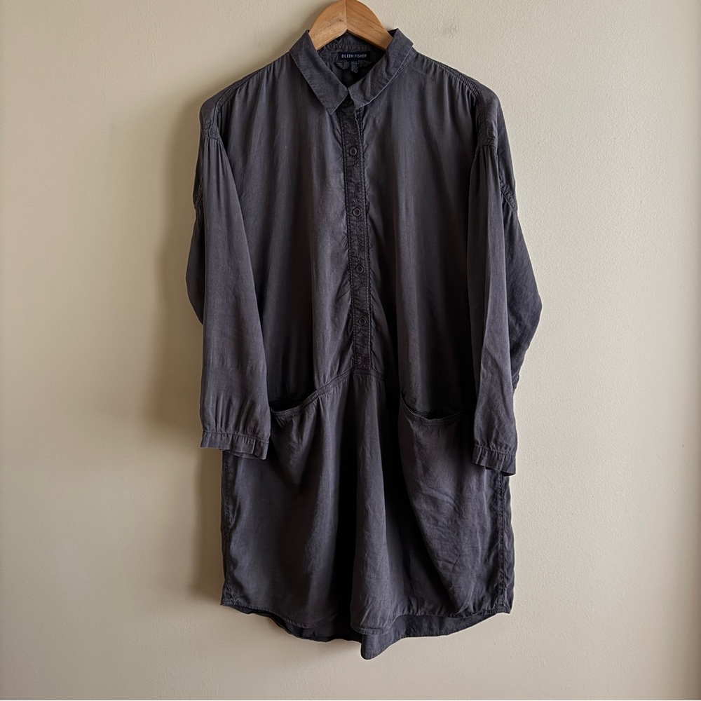 EILEEN FISHER Grey Brown Linen Blend Tunic Top Sz Small